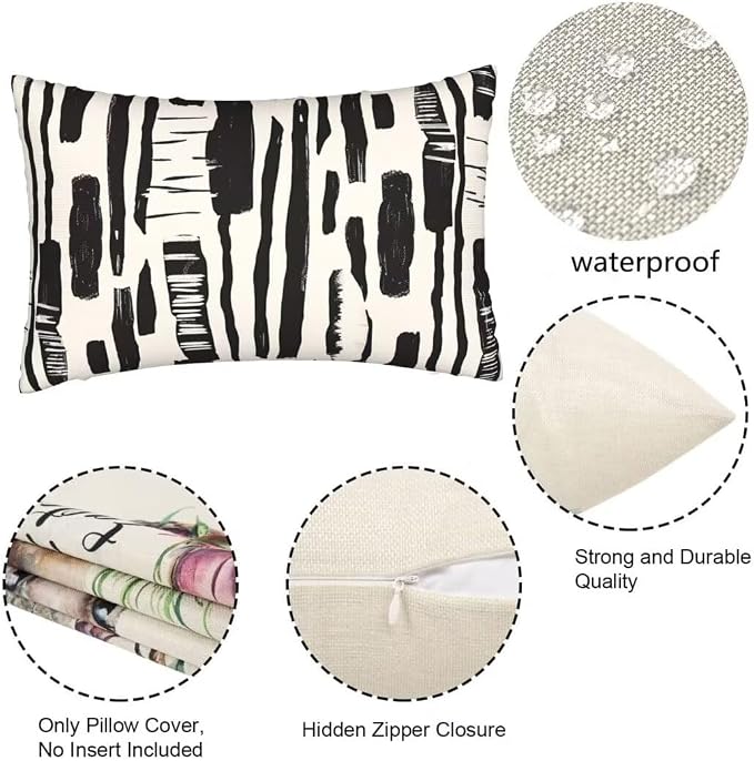 Throw Pillow Covers 12 x 20 Pillow Covers Set of 2 Couch Pillows, Black And White Throw Pillows with Invisible Zipper, Linen Accent Pillows Decorative Pillows for Bed Farmhouse Decor, Geometric J460