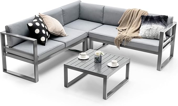 Giantex 4 Piece Patio Furniture Set, Aluminum Sectional Patio Sofa Set, 4 Inch Thick Seat & Back Cushions, Convenient Coffee Table, Outdoor Metal Conversation Set for Backyard Garden Poolside