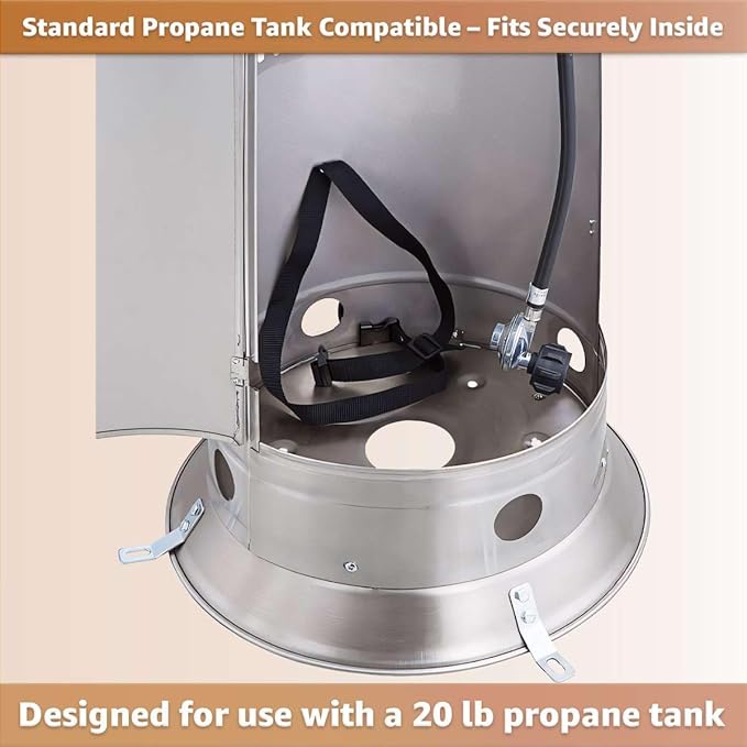 46,000 BTU Stainless Steel Round Commercial Propane Outdoor Patio Heater with Glass Flame Tube and Protective Mesh – Freestanding Portable Design with Wheels for Patio, Deck, Restaurant, Events