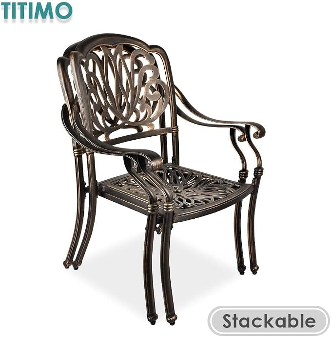 TITIMO 9-Piece Cast Aluminum Patio Furniture Set, Outdoor Patio Dining Set Bistro Conversation Set, All-Weather Rectangular Table w/Umbrella Hole (Red-Fixed Elizabeth Chair, 9 Pcs)