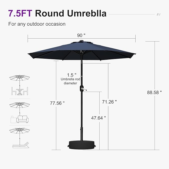 PURPLE LEAF 7.5' Round Patio Umbrella Outdoor Table Umbrella Aluminum Frame Market Umbrella with 8 Sturdy Ribs & Tilt for Garden Deck Lawn Pool Navy Blue