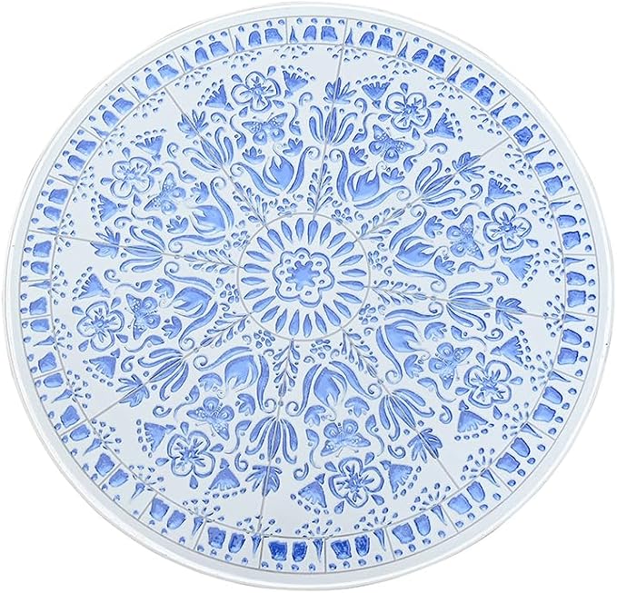 Round Outdoor Side Table Patio Bistro Ceramic Mosaic Patterned Design Tile Top Round Table Outdoor Garden 24 Inch Metal Furniture Dining Table for Yard Balcony Porch Poolside Terrace Blue Flower