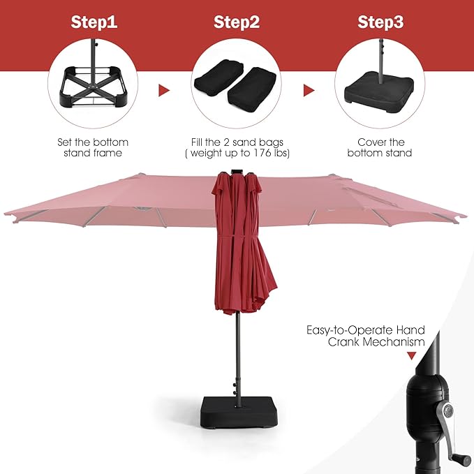 Giantex Large Outdoor Umbrella Double-Sided, 48 Solar Lights, Auto-Charging Solar Panel, Extra Large Patio Umbrella with Base and Crank, Outdoor Market Umbrellas for Poolside Garden