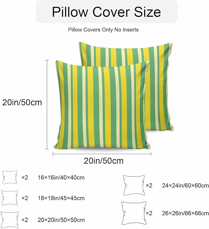 Lemon Green Yellow Outdoor Pillow Covers 16x16 Inch Throw Pillow Covers Set of 2 Waterproof Decorative Pillow Cases Summer Modern Farmhouse Striped Cushion Covers for Patio Furniture Garden Couch Sofa