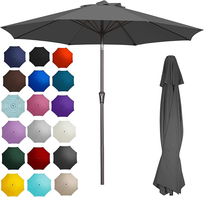 PatioKingdom 9FT Patio Outdoor Umbrella-UPF 50+ Sun Shade with Wind Vent, Push-Button Tilt & Smooth Crank Lift, Rust-Resistant Fiberglass Frame for Garden, Backyard,Yard (Gray)