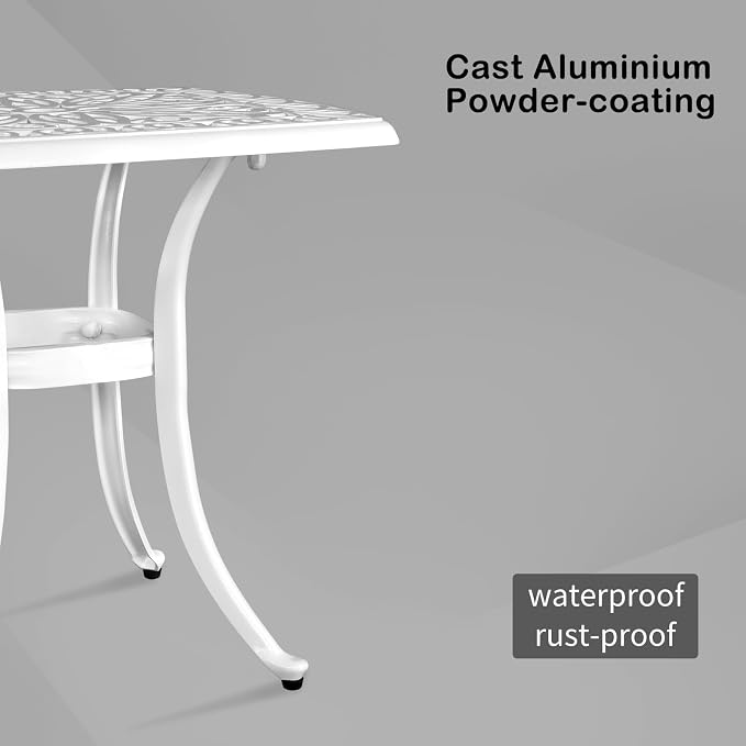 Bonnlo 21 Inch Cast Aluminum Outdoor Side Table with Umbrella Hole, Anti-Rust Coffee Bistro Table for Outdoor, Patio, Garden, Porch, Balcony End Table (Square, White)