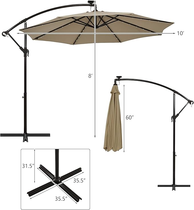 Tangkula 10 Ft Patio Offset Umbrella, 40 LED Lighted Market Umbrella W/8 Sturdy Ribs, Easy Tilt Adjustment & Crank, Polyester Shade, Ideal for Backyard, Garden, Seaside, Store, Pool (Tan)