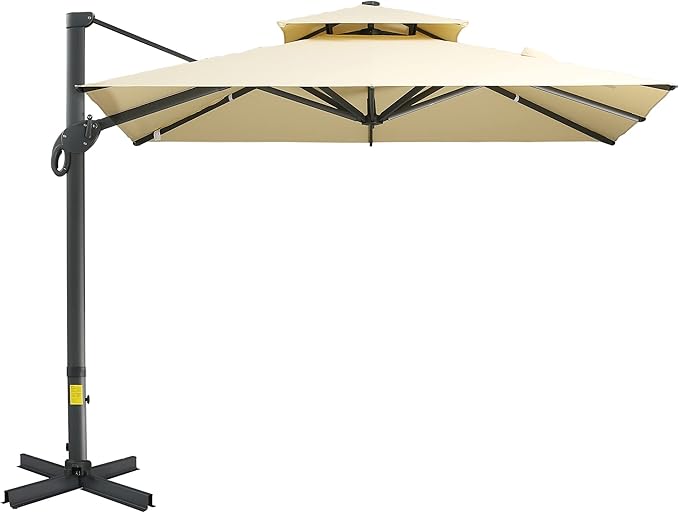 GOWE 10ft Offset Patio Umbrella, Hanging Cantilever Umbrella, Square Shape, Aluminum Cross Base, Tilt, 360-Degree Rotation, Beige