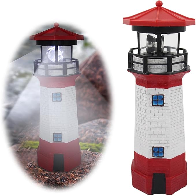LED Solar Powered Lighthouse, Indoor Outdoor Lighthouse with Rotating Beacon LED Lights, Courtyard Waterproof Landscape Lights for Garden Patio Landscape Outside Yard Gifts red