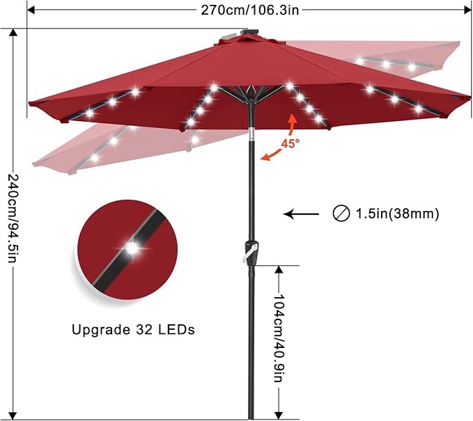 ABCCANOPY Durable Solar Led Patio Umbrellas with 32LED Lights 9FT (Burgundy)