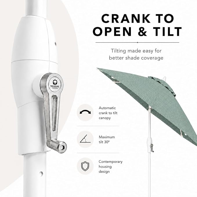 Treasure Garden 9ft Patio Umbrella - Outdoor Furniture Market Umbrella – Deluxe Auto-Tilt – White Aluminum Frame (Sunbrella, Spa)