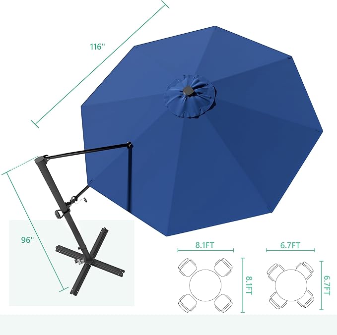 Greesum 10FT Outdoor Patio Umbrella with High Pedel and 4 Gear Heights, Large Offset Market Umbrella with 360-degree Rotation, Without Base, Hanging Outdoor Shade for Garden, Lawn, Pool, Deep Blue