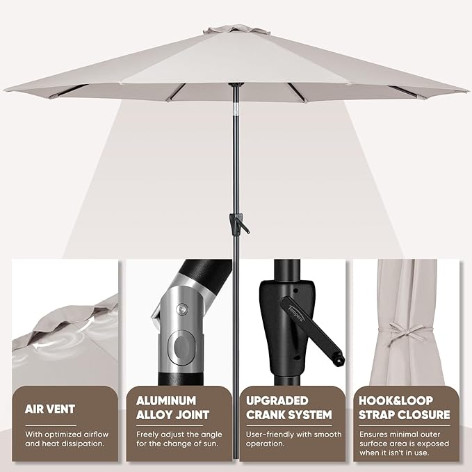 Tempera Patio Market Outdoor Table Umbrella with Push Button Tilt and Crank, Large Sun Umbrella with Sturdy Pole & Fade Resistant Canopy, Easy to Set
