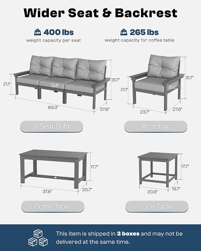Grey HDPE Patio Sofa Set, 4-Piece Sectional Outdoor Patio Furniture Set, All Weather Outdoor Couch Set with Coffee Table & Washable Thick Cushions for Balcony, Porch, Poolside