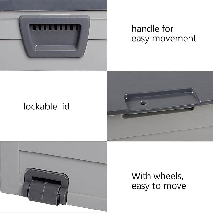 75 Gallon Plastic Deck Box with Wheels, Lockable Patio Outdoor Storage Box for Furniture, Garden Tools and Tools Storage, Waterproof Outside Storage Boxes - Large, Grey