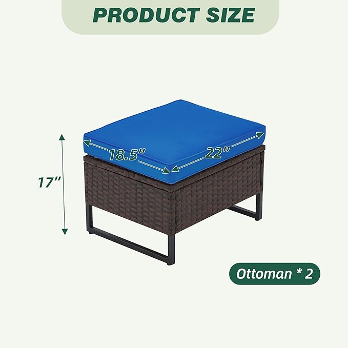 AVAWING Outdoor Wide Wicker Ottomans Set of 2, All-Weather Rattan Seat for Garden, Backyard and Balcony, Patio Footstool with Removable Cushions, Blue