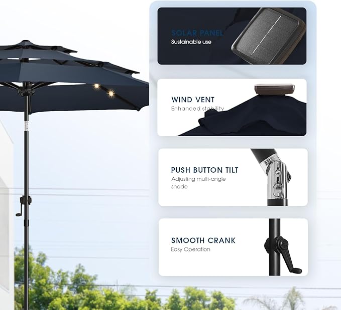 wikiwiki 9FT 3Tiers Solar Led Patio Umbrella, Sturdy Outdoor Market Umbrella for Deck, Pool, Garden w/Tilt, Crank, 32 LED Lights, Navy Blue