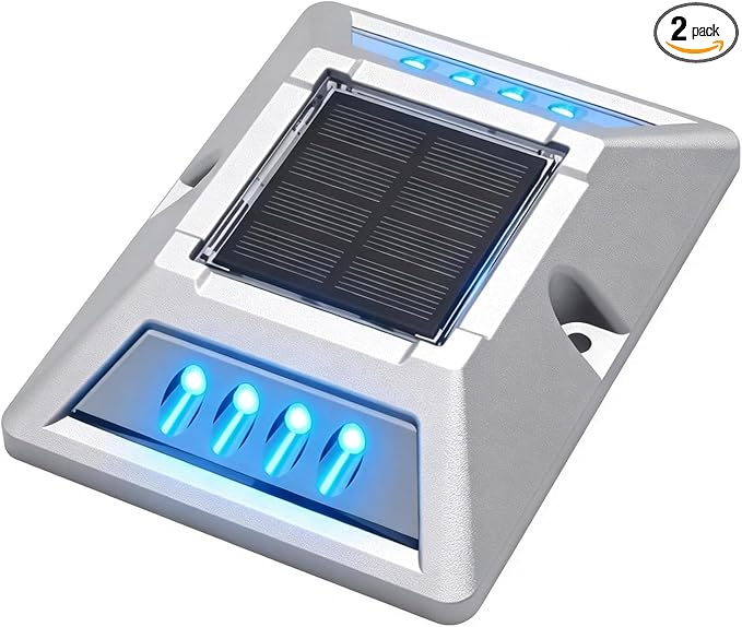 VATION LIGHTING Solar Driveway Lights 2 Pack, 2 Colors in 1 Dock Lights Solar Powered IP67 Waterproof, Aluminum Marker LED Outdoor Deck Lights for Sidewalk Garden Pathway Lake Yard(White/Blue)
