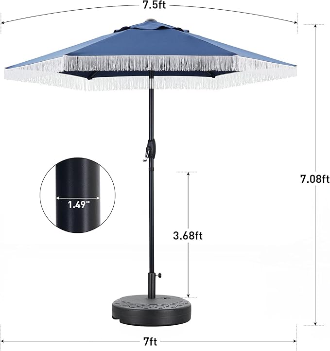 GDY 7.5 ft Tassel Patio Umbrella, Fringe with Umbrella Base - Stylish Beach, Pool, and Yard Umbrella for Ultimate Outdoor Decor, Navy Blue