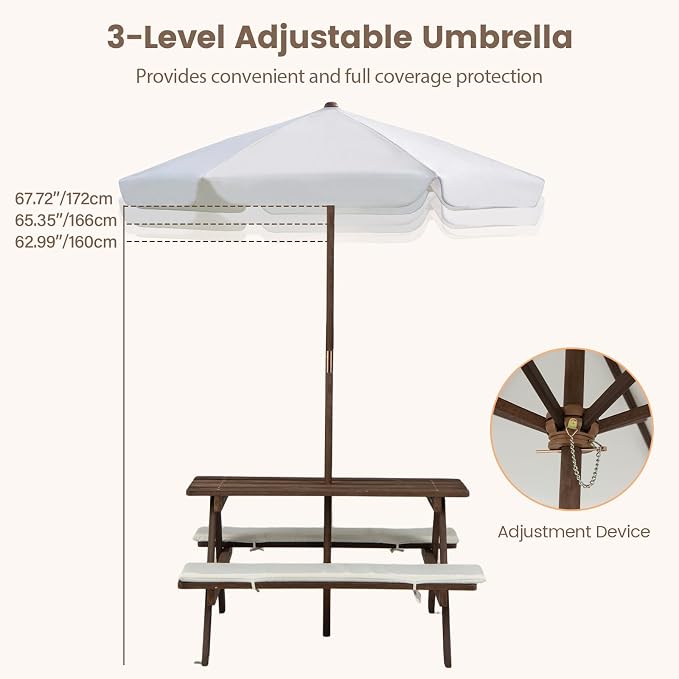 Olakids Kids Picnic Table, Outdoor Wooden Bench Set with Cushions Adjustable Foldable Umbrella for Patio Garden Backyard