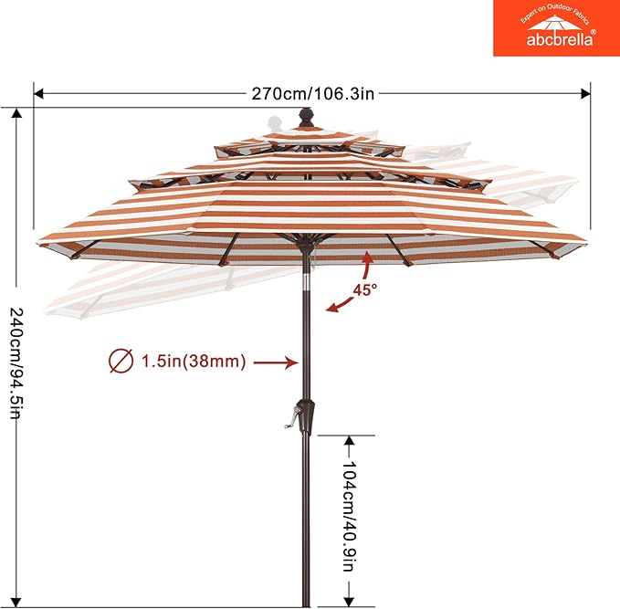 ABCCANOPY 5-Year 10-Year No Fading 9FT 3 Tiers Patio Umbrella, Outdoor Table Umbrella with 8 Sturdy Ribs for Deck, Backyard, Garden, Yard