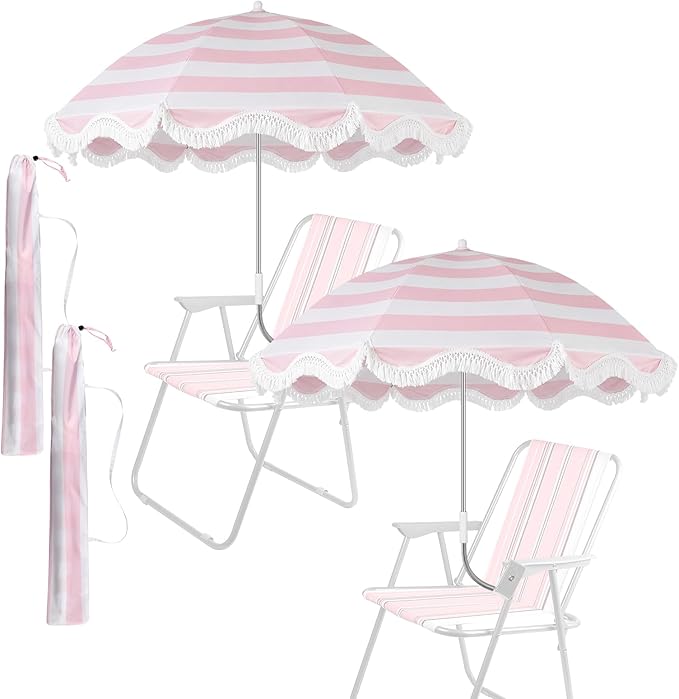 Abbylike 2 Pcs Scalloped Chair Umbrella with Universal Adjustable Clamp 38'' Portable Wheelchair Umbrella UPF 50+ Camping Chair Parasol with Bag for Outdoor Patio Lawn