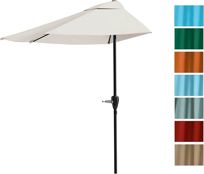 Half Umbrella Outdoor Patio Shade - 9 ft Patio Umbrella with Easy Crank - Small Canopy for Balcony, Table, or Deck by Pure Garden (Champagne)