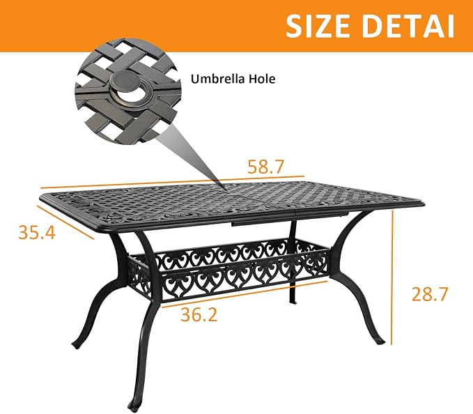 Patio Dining Table, Rectangular Outdoor Dining Table, 59" x 28.7" Rectangle Cast Aluminum Patio Table with Umbrella Hole for Backyards, Porch, Garden or Poolside