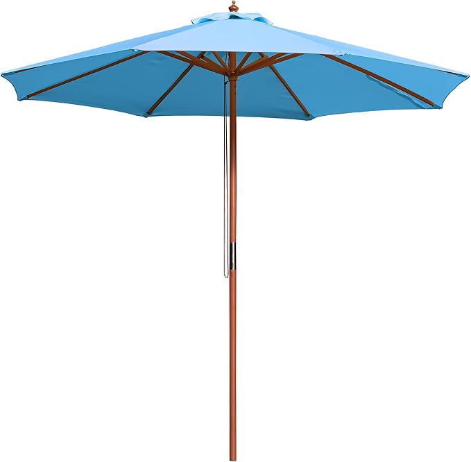 9 Ft Wooden Patio Umbrella 8 Ribs Table Parasol Rope Pulley Outdoor Garden Yard