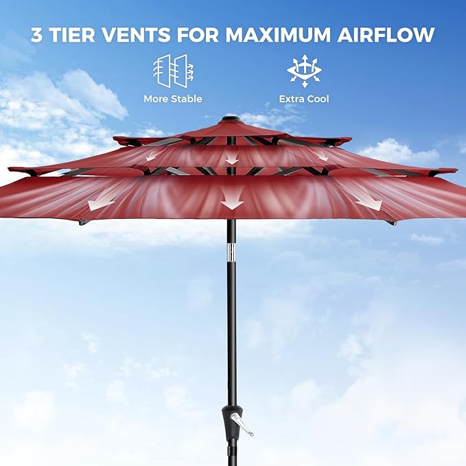 HOMSHADE 9FT 3-Tiers Outdoor Patio Umbrella with 5-Year Fade Resistant,Vented Outdoor Commercial Market Umbrella with UPF50+ UV Protection & Push Button Tilt and Crank for Pool,Backyard(Red)