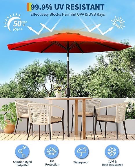 IDEALHOUSE 9Ft Outdoor Patio Umbrella, 8 Sturdy Ribs Table Umbrella With Crank Lift & Push Button Tilt, Market Umbrella UV Protection Waterproof for Garden, Deck, Backyard, Pool