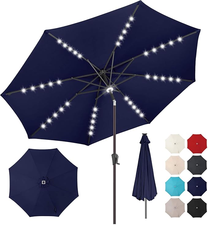10ft Solar Umbrella Outdoor - Lighted Solar Patio Umbrella with 40 LED Lights Waterproof UV Protection, Table Umbrella with Tilt for Pool, Porch, Garden, Deck, Backyard (Navy Blue)