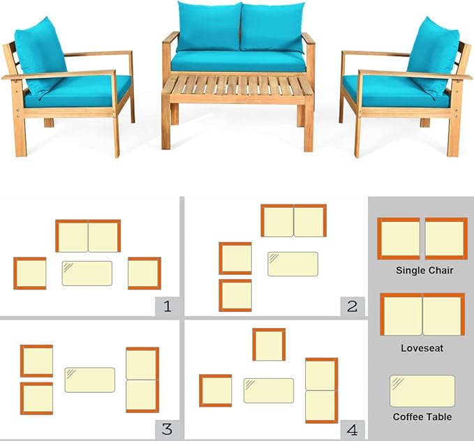 Tangkula Outdoor 4-Piece Acacia Wood Chat Set, 4 Seater Acacia Wood Conversation Sofa and Table Set with Water Resistant Cushions, Teak Finished (1, Turquoise)