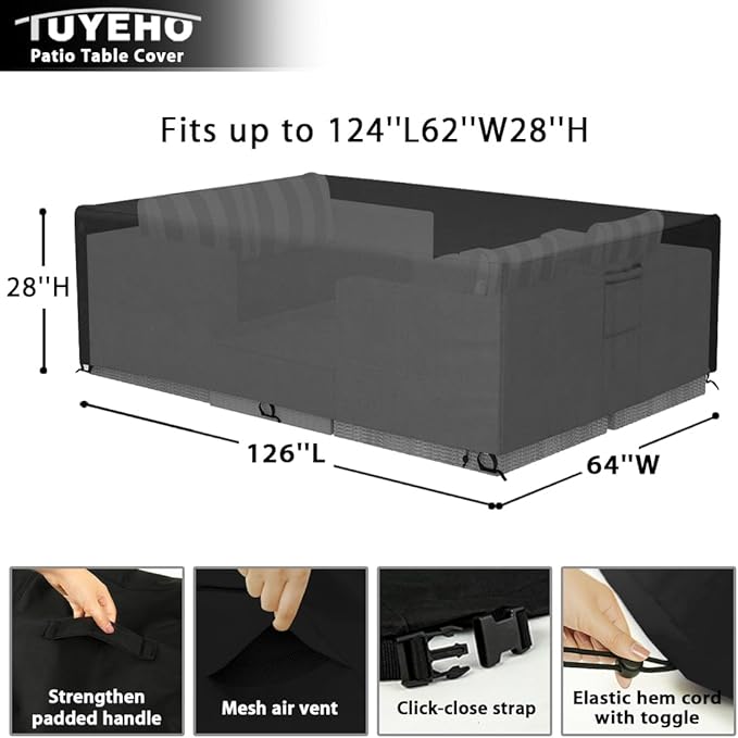 Tuyeho Patio Furniture Set Cover 126 x 64 x 28 inch, Durable Heavy Duty Oxford Fabric Outdoor Sectional Set Cover, Waterproof & Weather Resistant, for Your Outdoor Sectional Sofa Set (Black)