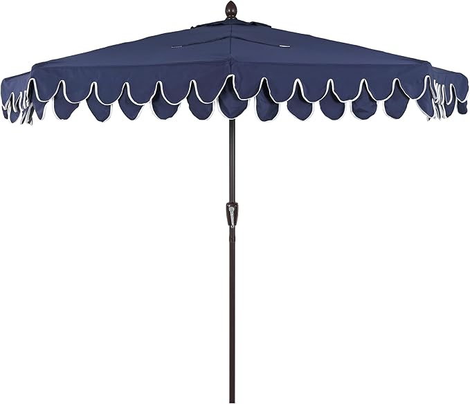 JONATHAN Y Terrace Scalloped 9 ft. Half Round Patio Umbrella with Crank Lift and Tilt, Coastal Semicircle Market Wall Umbrella for Balcony, Navy/White, Dark Brown Pole UMB1202B