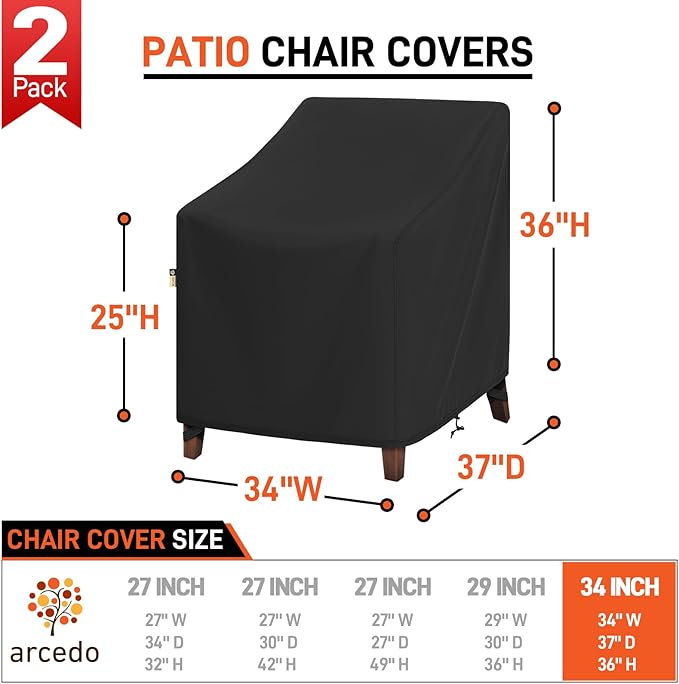 Arcedo 2 Pack Patio Swivel Lounge Chair Covers, Waterproof Outdoor Rocking Chair Covers for Patio Lawn Garden Wicker Furniture, All Weather Protection - 34”W x 37”D x 36”H, Black