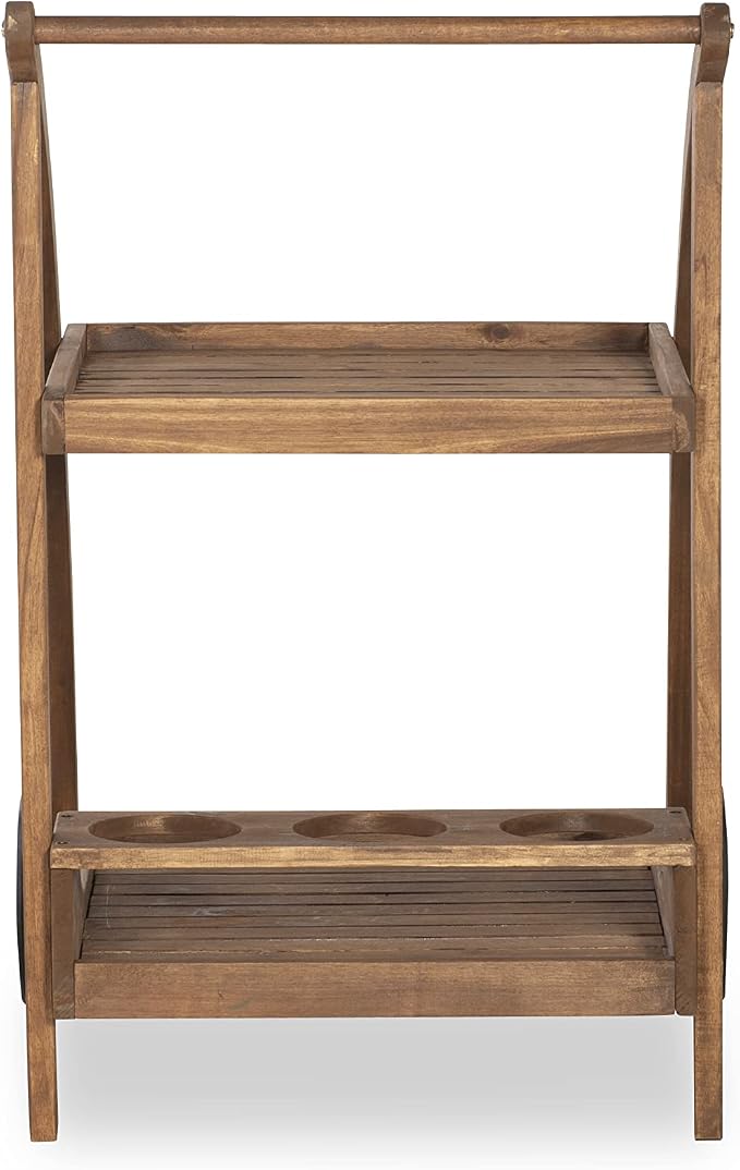Linon Chandler Acorn Finished Acacia Wood Outdoor Bar Trolley with Three Bottle Glass Holders