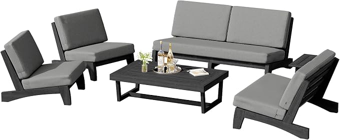 6 Piece Teak Outdoor Patio Frutnire Set, 7 Seater Patio Conversation Sets with Thick Cushions, Outdoor Sectional Furniture with Coffee Table - Gray
