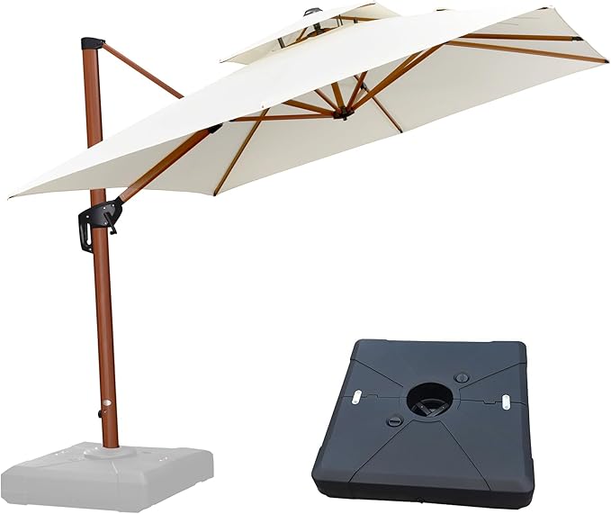 PURPLE LEAF Patio Umbrella with Base Outdoor Square Umbrellas Large Cantilever Umbrella Windproof Offset Heavy Duty Sun Umbrellas for Garden Deck Pool Patio, 9ft Cream