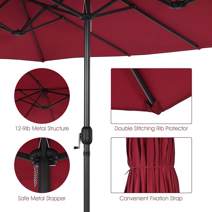 Tangkula 15Ft Double-Sided Patio Umbrella, Outdoor Extra Large Umbrella W/Hand-Crank System & Air Vents, Market Twin Umbrella W/ 12-Rib Sturdy Metal Frame for Poolside, Garden Backyard (Burgundy)