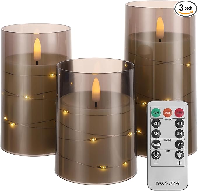 Flickering Flameless Candles with Timer - Durable Acrylic Glass Shell, with Embedded Star String, Battery Operated Candles with Remote for Romantic Ambiance and Home Decoration (Set of 3, Grey)