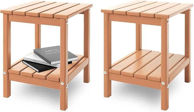 IVY&LANE Adirondack Outdoor Side Tables Set of 2 | HDPE Plastic | Patio End Table with Storage | 2-Shelf | Weather Resistant | Teak | 14 x 13 Inches | for Outside Porch Backyard Indoor