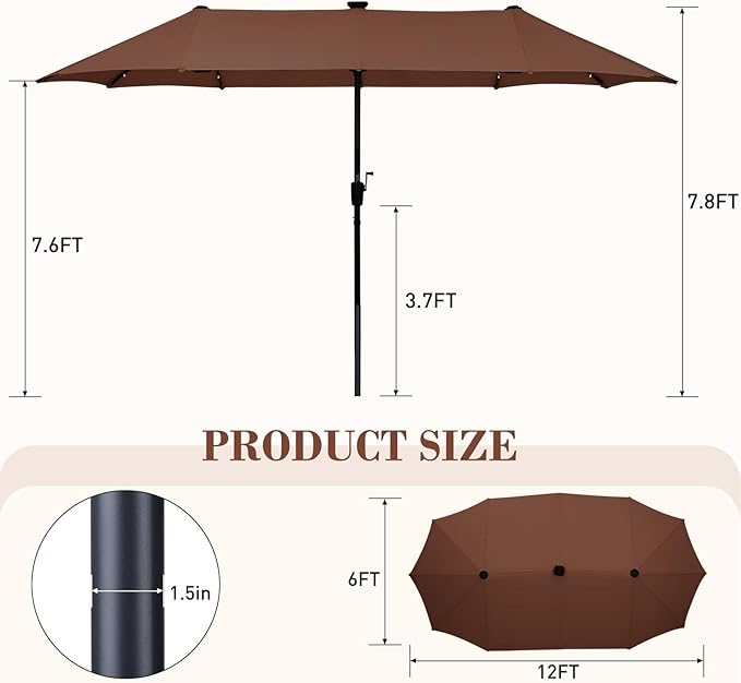 13 ft Patio Umbrella with 36 LED Lights, Large Rectangle Outdoor Solar Umbrella with Strap, Crank, Coffee