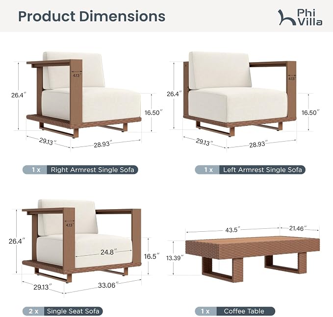 PHI VILLA HDPE Patio Furniture Set, 5 Pieces Sectional Outdoor Conversation Sets with 9.8" Thick Cushion, Modular Patio Sofas with Wood Grain Wicker Coffee Table for Garden, Backyard(Beige)