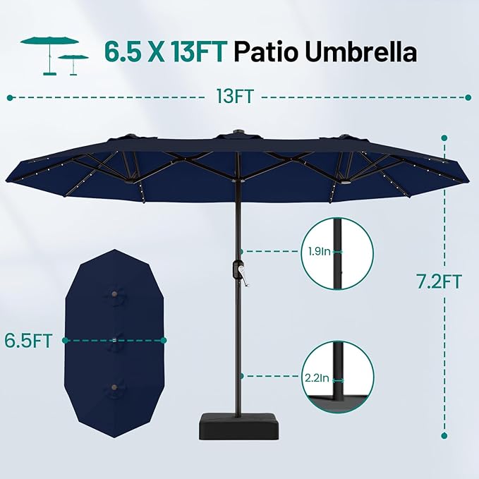 AreShark 13 FT Patio Umbrella with Solar Lights, Double-Sided Outdoor Table Umbrellas with Crank, Large Rectangular Market Umbrella for Porch, Lawn, Pool, Backyard, Navy
