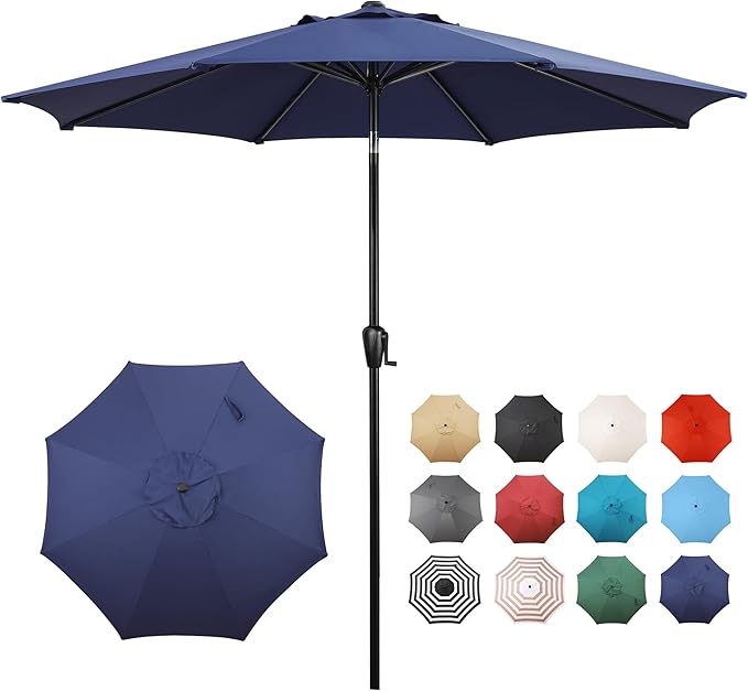 Sun-Ray 9' Round Patio Umbrella with Push-Button Tilt and Hand Crank Lift System, Market Umbrella for Porch, Deck, and Patio