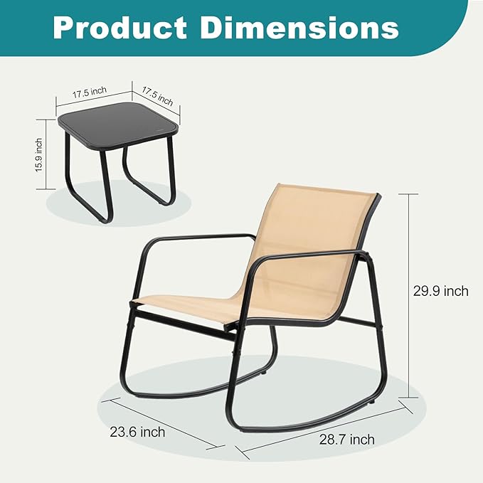 DUMOS 3 Piece Patio Rocking Furniture Set，Outdoor Patio Furniture Conversation Set with Table, Patio Sectional Bistro Sets for Lawn, Garden, Balcony, Poolside (Brown)