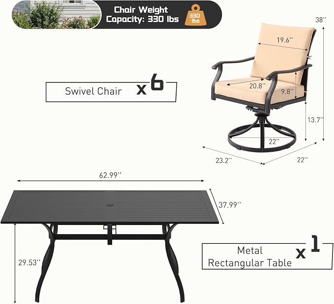 7 Piece Outdoor Patio Dining Set, 62’’ Rectangular Metal Dining Table with Umbrella Hole & 6pcs Patio Swivel Rocking Chairs, Outdoor Furniture Dining Set for Patio, Balcony, Lawn, Garden, Backyard