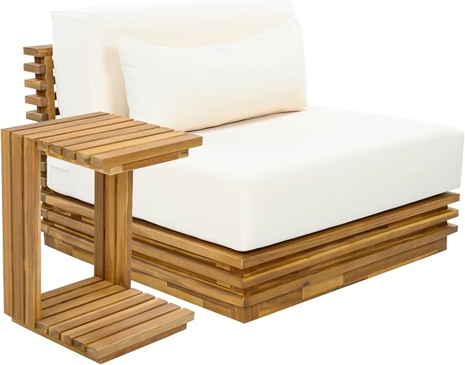 Merax Oversized Outdoor 2-Piece Chat Set with Club Chair & Side Table, Acacia Wood Frame, Natural Finish with Beige Cushions for Patio & Garden