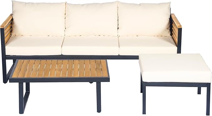 Christopher Knight Home Alvin 3-Piece Acacia Wood Metal Patio Furniture Set, Outdoor Sectional Conversation Sofa Chat Set with Coffee Table and Ottoman for Backyard or Balcony, Teak+Beige+Black